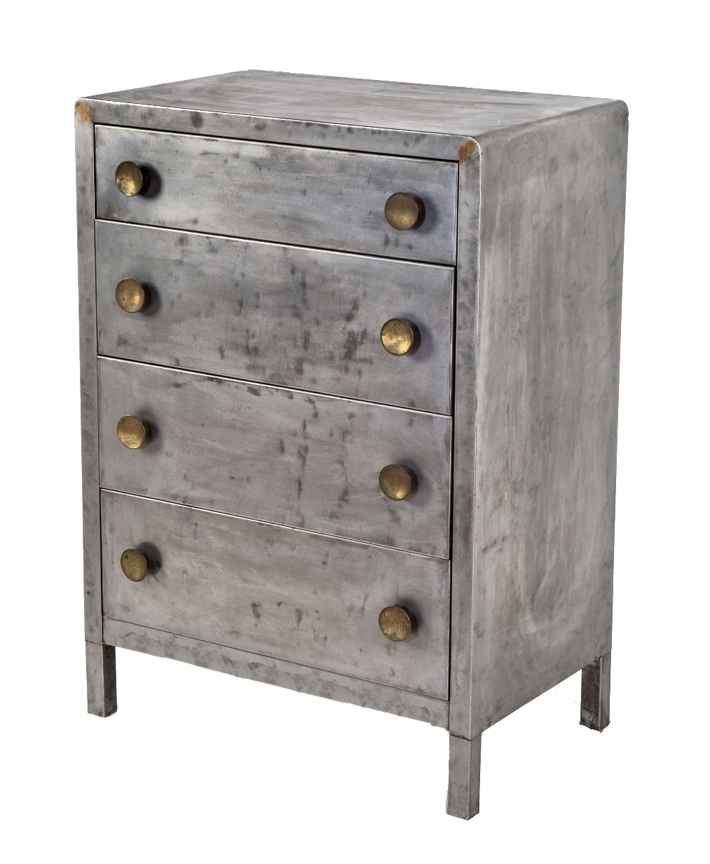 original multi-drawer american industrial pressed and folded steel dresser cabinet with intact oversized circular-shaped brass drawer pulls