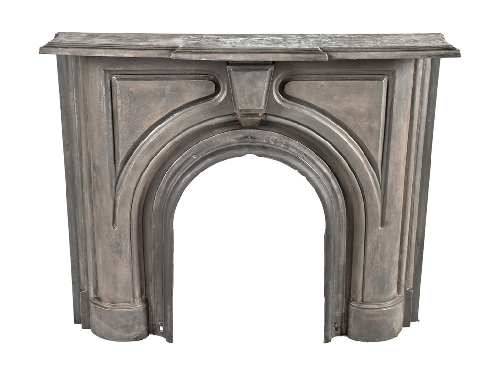 hard to find refinished 1870's interior residential salvaged chicago architectural cast iron fireplace mantel with brushed metal finish sealed with a clear coat lacquer