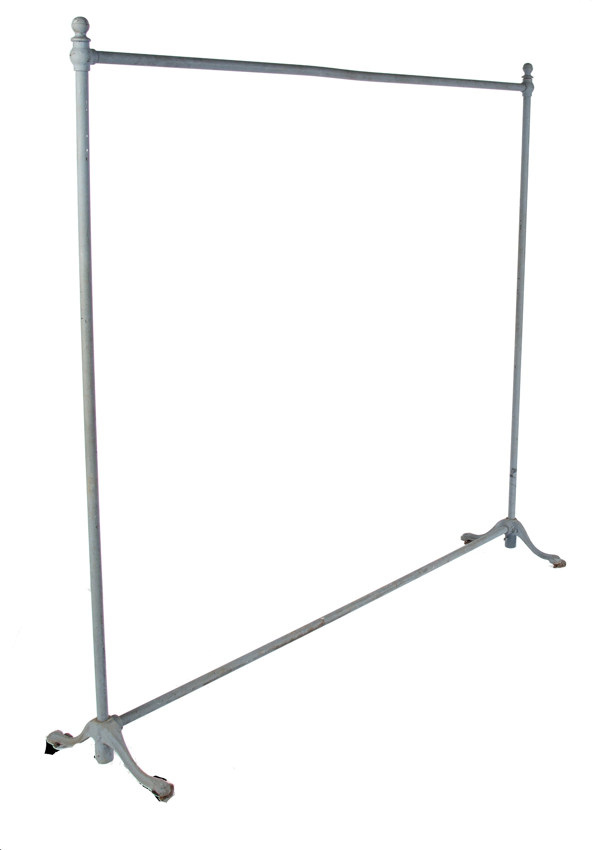 c. 1920's reinforced cast iron and steel mobile clothing store garment rack comprised of interlocking tubular steel posts accentuated with opposed ball finials