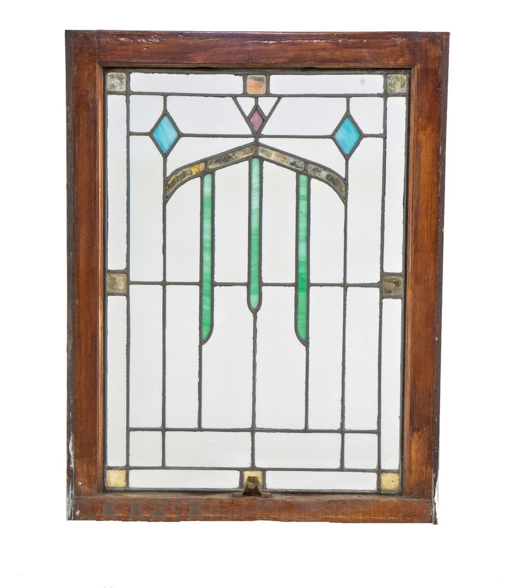pair of original early 20th century salvaged chicago architectural stained or art glass residential bungalow window with original varnished wood sash frame