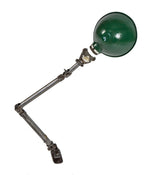 refinished american industrial brushed metal articulating factory machine shop lamp with green rolled rim parabolic shade
