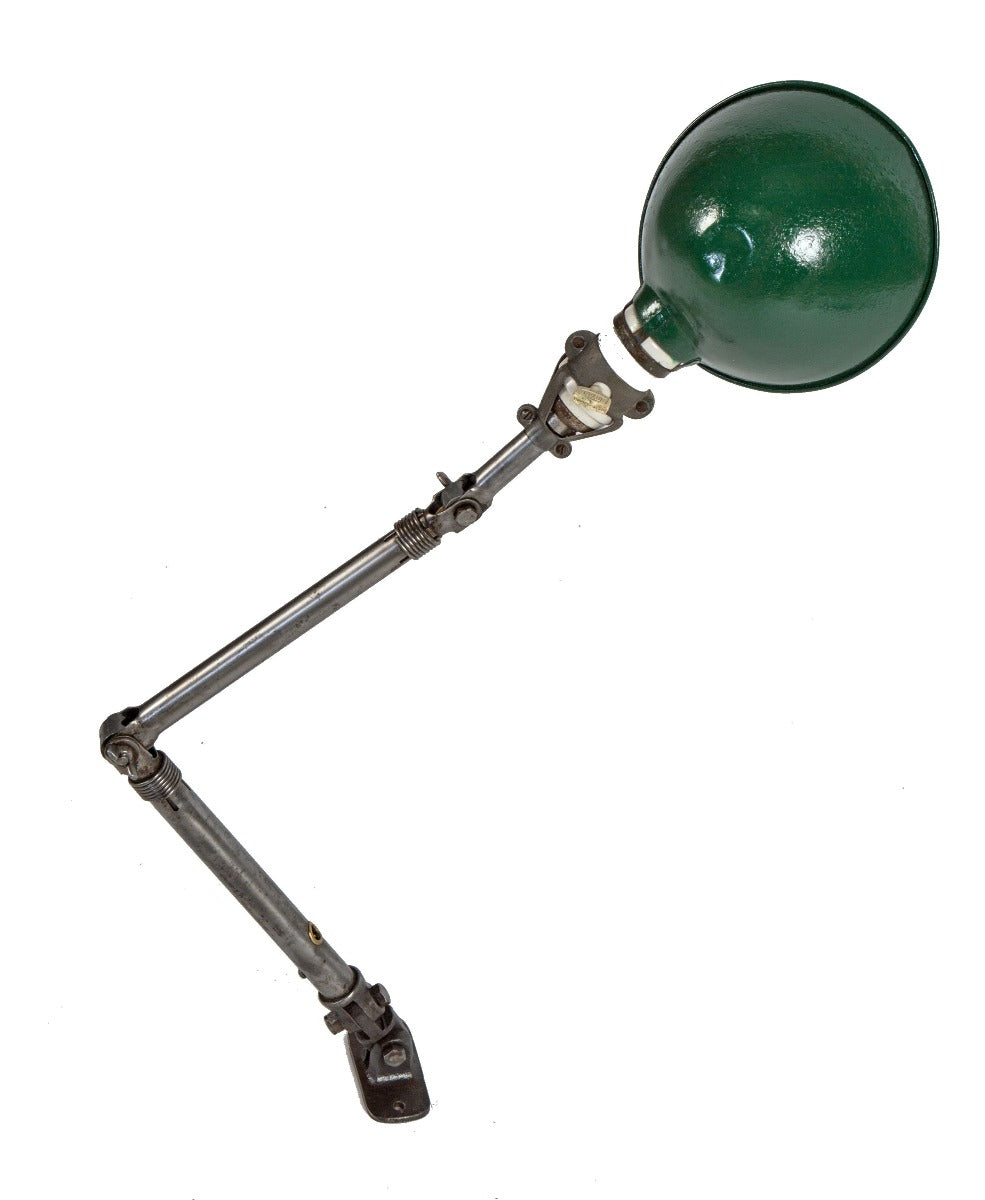 refinished american industrial brushed metal articulating factory machine shop lamp with green rolled rim parabolic shade