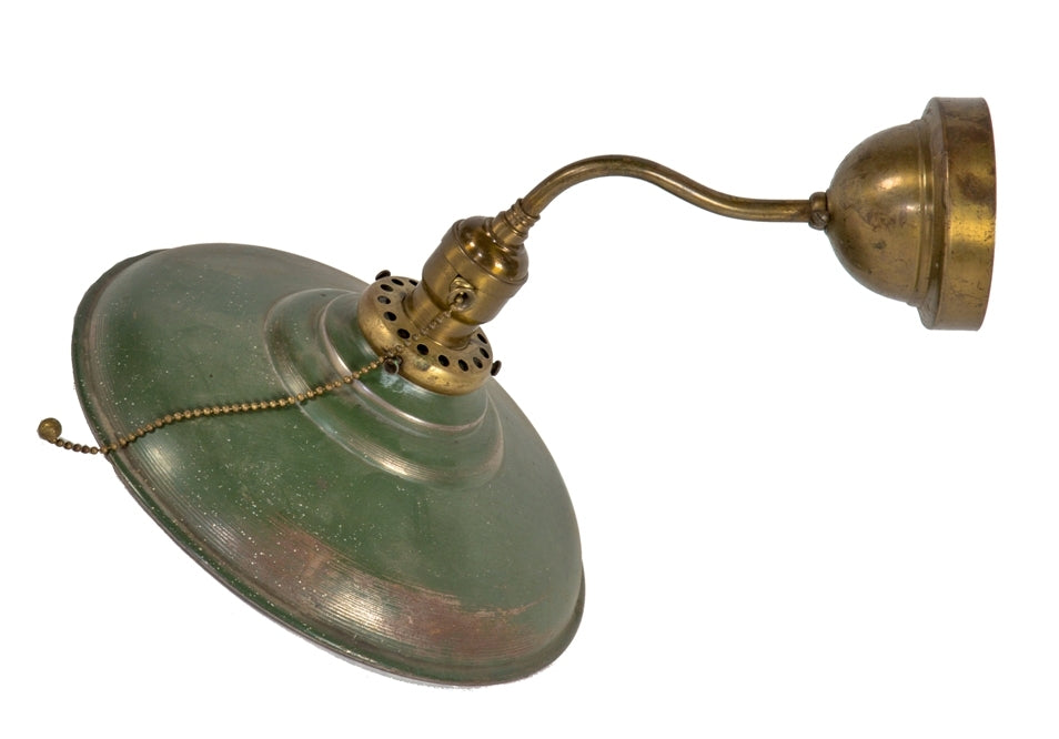 original early 20th century antique american wall-mount cast and wrought brass single arm factory office wall sconce with uno fitter and distressed green shade or reflector