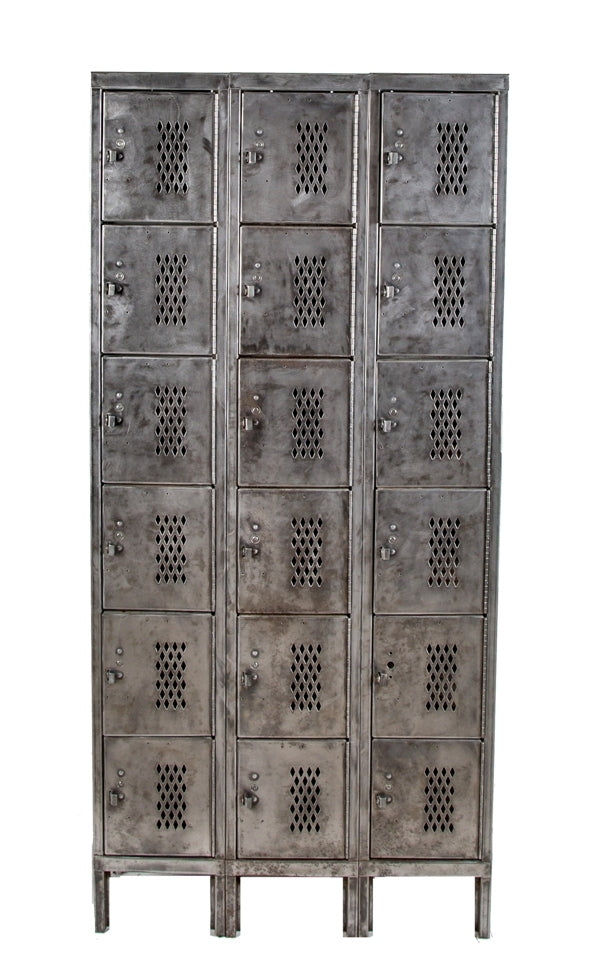 highly desirable oversized antique american industrial heavily compartmentalized brushed steel freestanding locker with perforated hinged doors and sides
