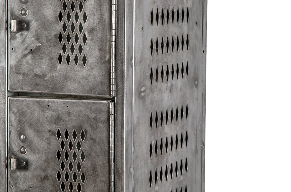 highly desirable oversized antique american industrial heavily compartmentalized brushed steel freestanding locker with perforated hinged doors and sides