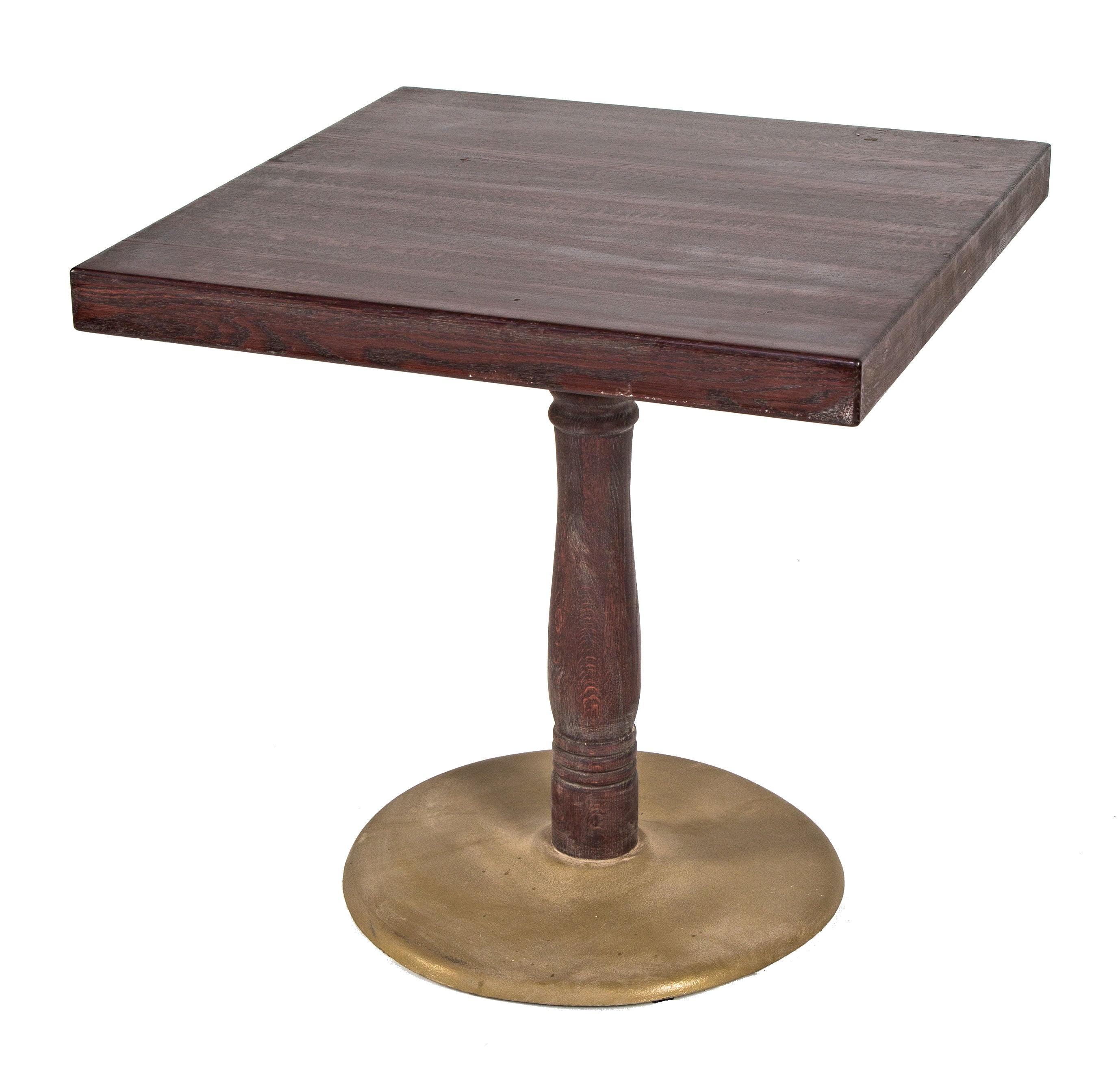 original and well-maintained solid oak wood american pub table with pedestal base affixed to large circular-shaped metal plate