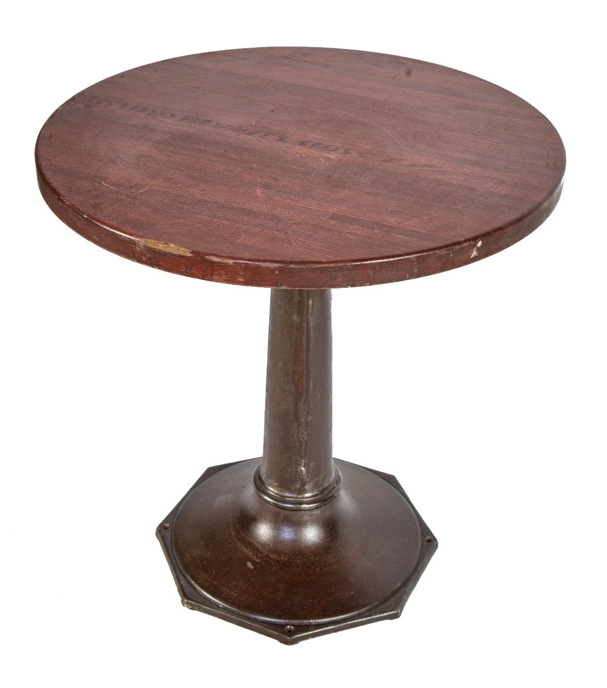 late 19th or early 20th century antique american industrial brushed cast iron pedestal type cast iron saloon table base with solid oak wood tabletop