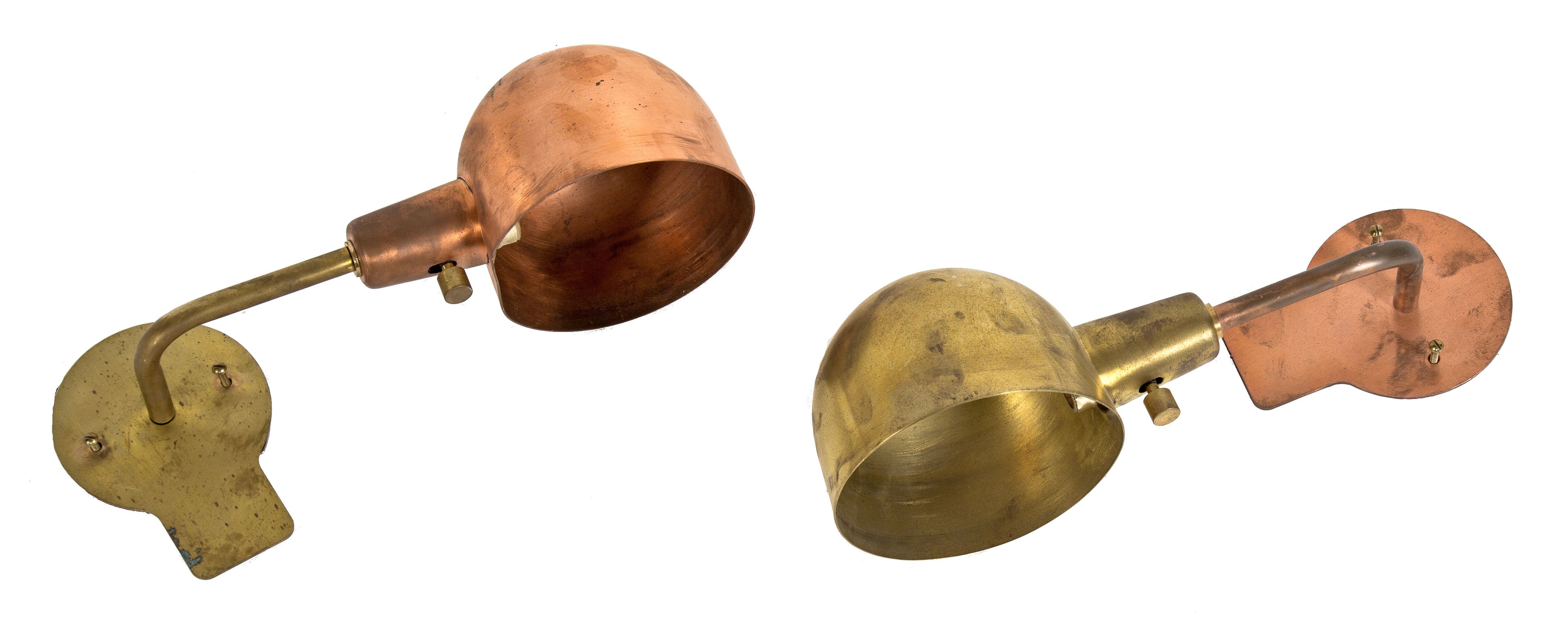 two matching vintage american industrial wall-mount brushed copper and brass metal wall sconces with uniquely-shaped shades and backplates