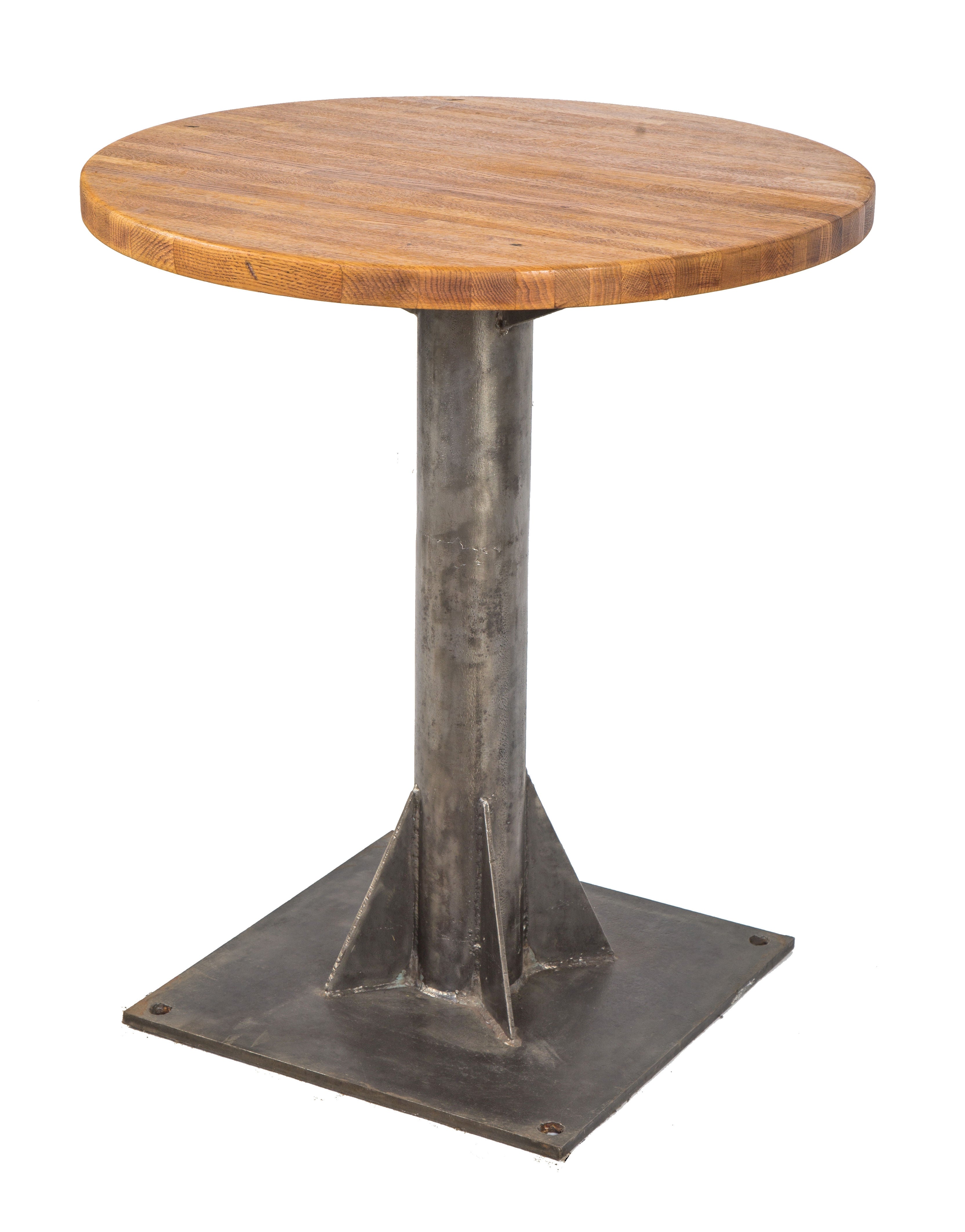 original vintage american industrial custom-built welded joint factory machine shop pedestal base with newly added solid oak wood round tabletop