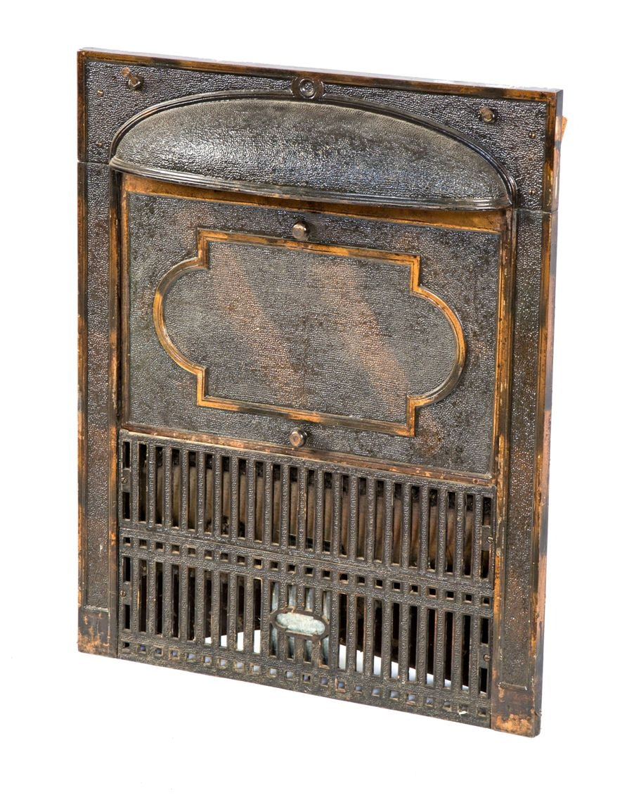 original and intact 19th century antique american architectural fireplace gas insert with matching removable summer cover and copper-plated finish