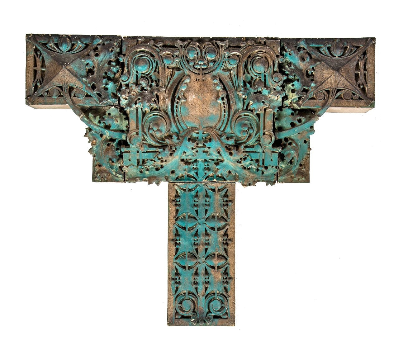 one of two matching original and intact early 20th century richly colored brown and green glazed sullivanesque terra cotta building facade cartouches