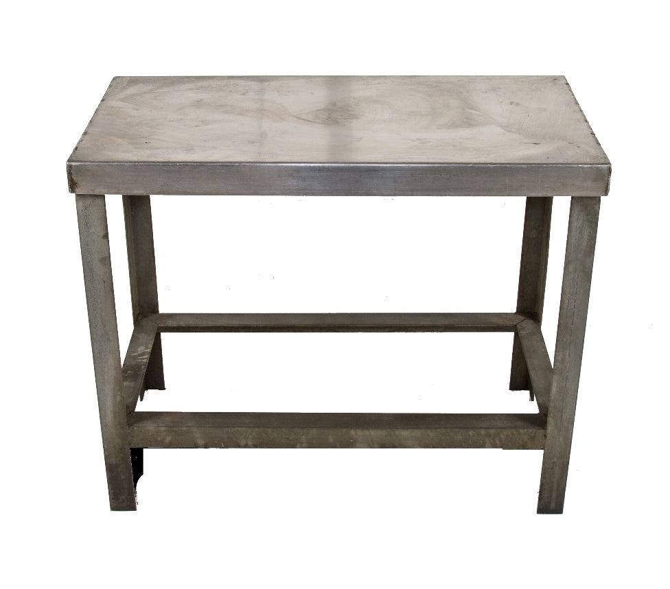 robust vintage american industrial c. 1950's heave gauge welded joint four-legged steel work table with stainless steel top