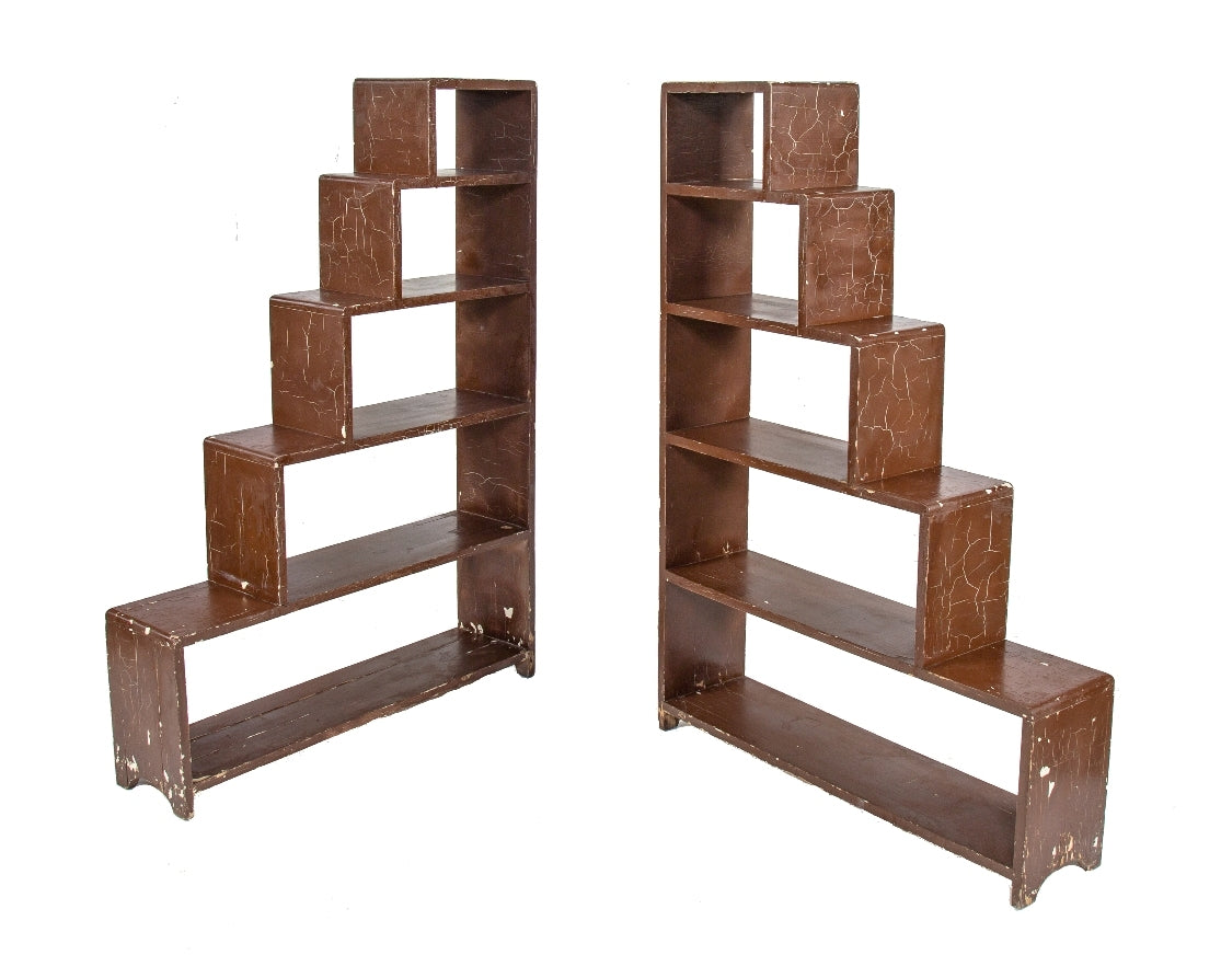matching set of original freestanding oversized painted wood american art deco "waterfall" style machine age book shelves with allover crazed finish