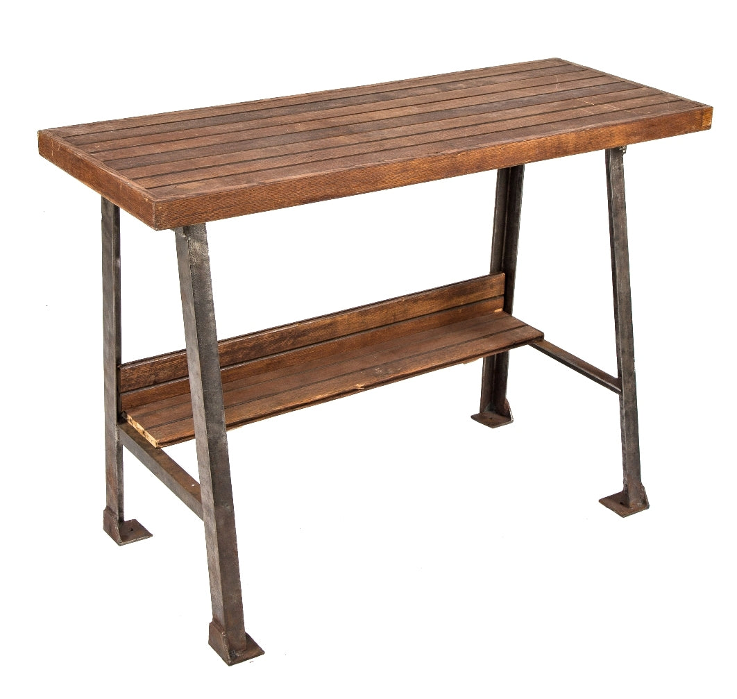 repurposed vintage american industrial custom-built salvaged chicago desk or side table with brushed metal legs and matching wood undershelf