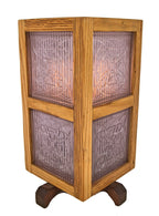 one of several matching repurposed single electric light table or desk lamp with custom-built wood surround accentuated with original early 20th century frank lloyd wright-designed prism tiles
