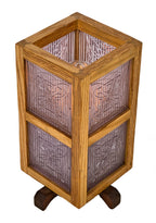 one of several matching repurposed single electric light table or desk lamp with custom-built wood surround accentuated with original early 20th century frank lloyd wright-designed prism tiles