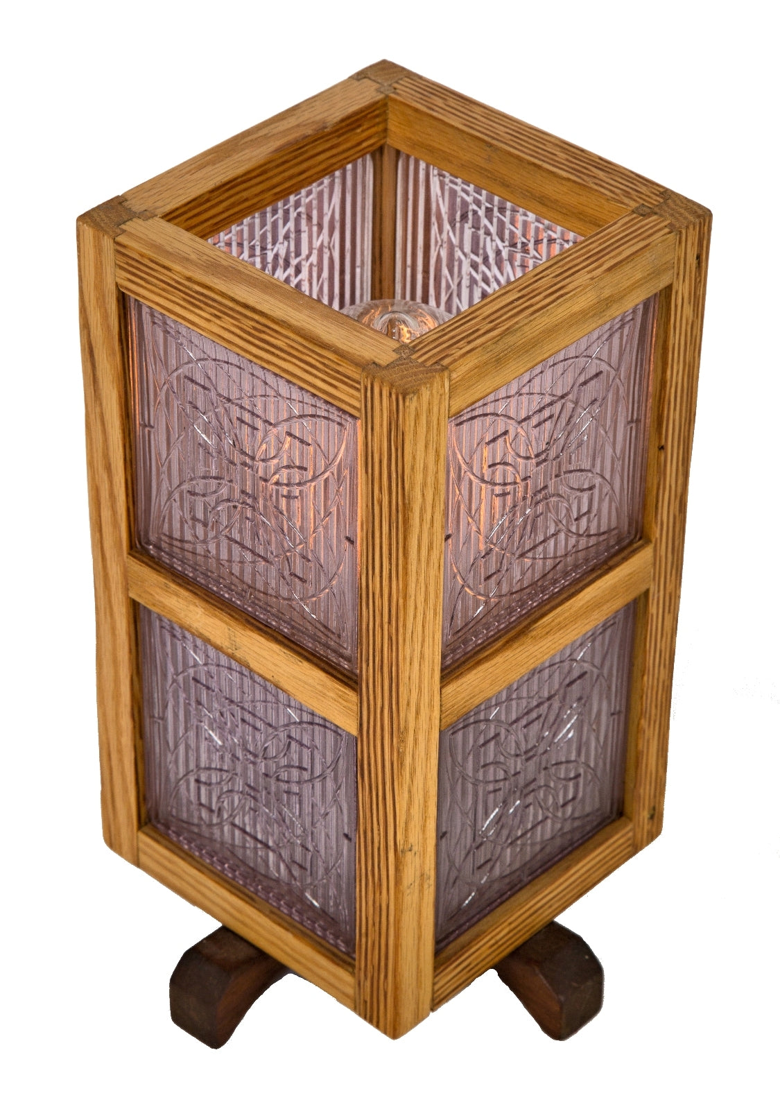 one of several matching repurposed single electric light table or desk lamp with custom-built wood surround accentuated with original early 20th century frank lloyd wright-designed prism tiles