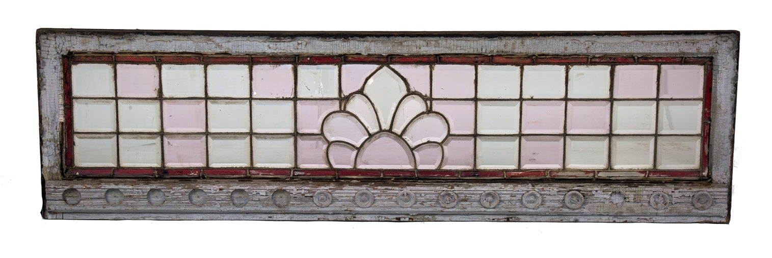 amazingly intact and all original highly desirable 1880's oversized all-beveled glass interior residential transom window with centrally located anthemion
