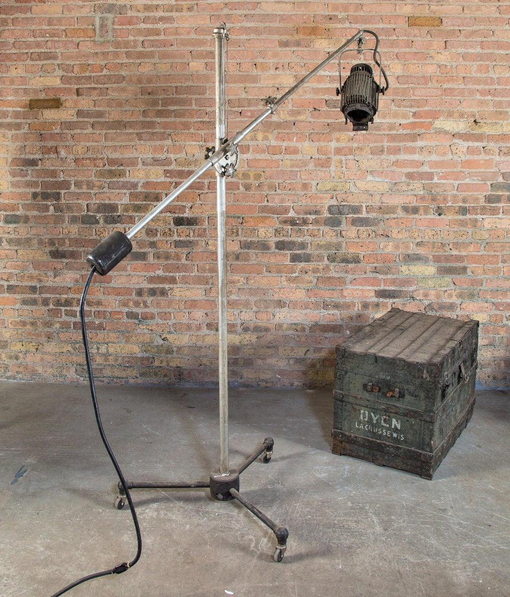 fully functional massive hollywood studio fully adjustable mole-richardson mobile studio set lamp or "spot" with tripod base and bassick casters