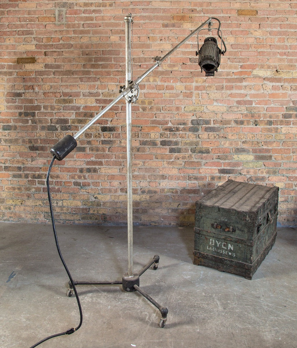 fully functional massive hollywood studio fully adjustable mole-richardson mobile studio set lamp or "spot" with tripod base and bassick casters