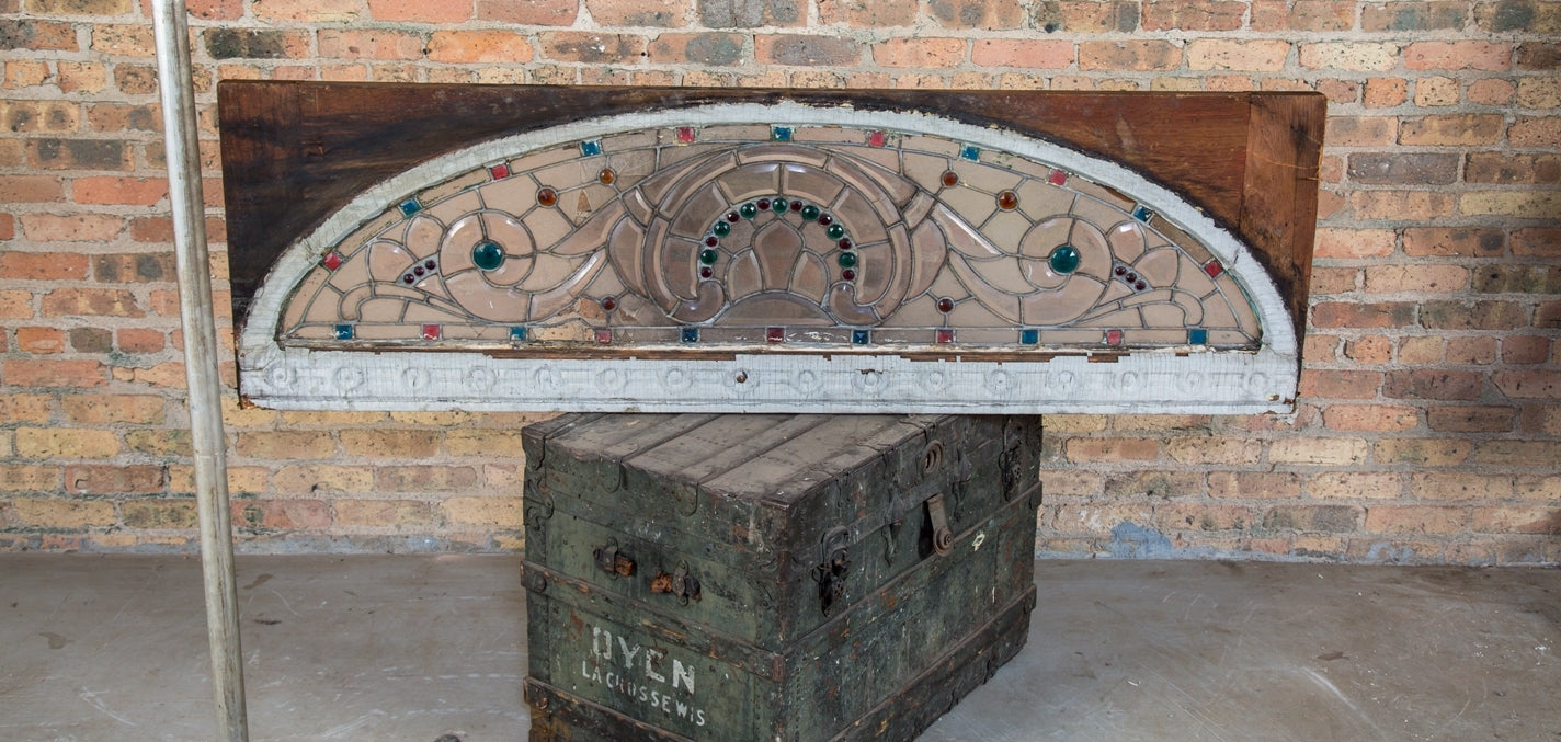 original oversized late 1880's american antique victorian era beveled and jeweled glass interior residential transom window with intact wood sash frame