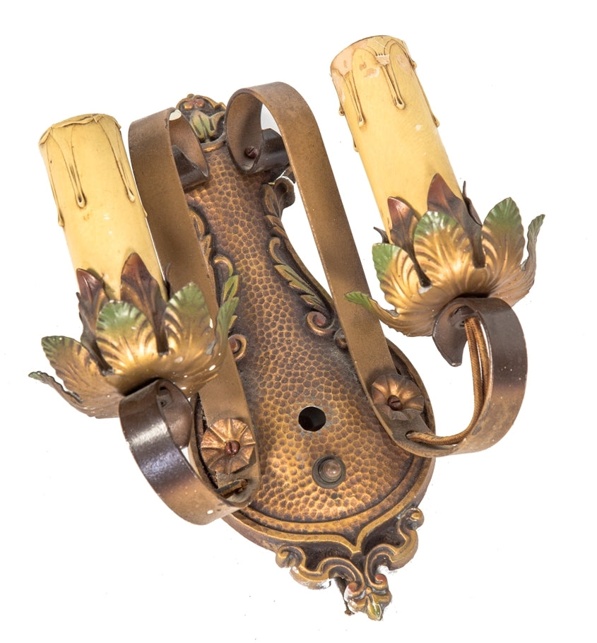 highly desirable c. 1920's salvaged chicago interior residential wall-mount double candle wall sconce with intact polychrome enameled finish