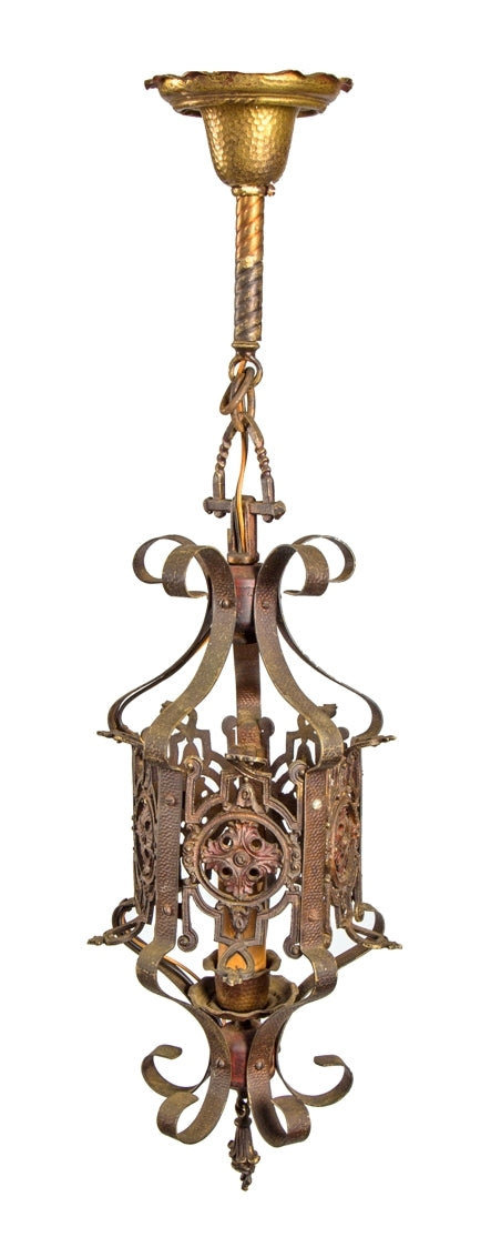 rewired c. 1920's spanish revival style chicago bungalow interior residential cast brass hallway pendant light with original surface finish