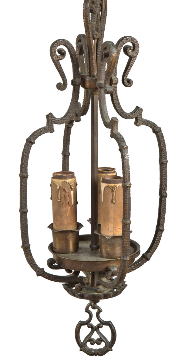 restored c. 1920's spanish revival style interior residential ornamental cast brass three-light chicago bungalow pendant light with original canopy and bottom finial
