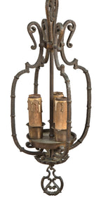 restored c. 1920's spanish revival style interior residential ornamental cast brass three-light chicago bungalow pendant light with original canopy and bottom finial