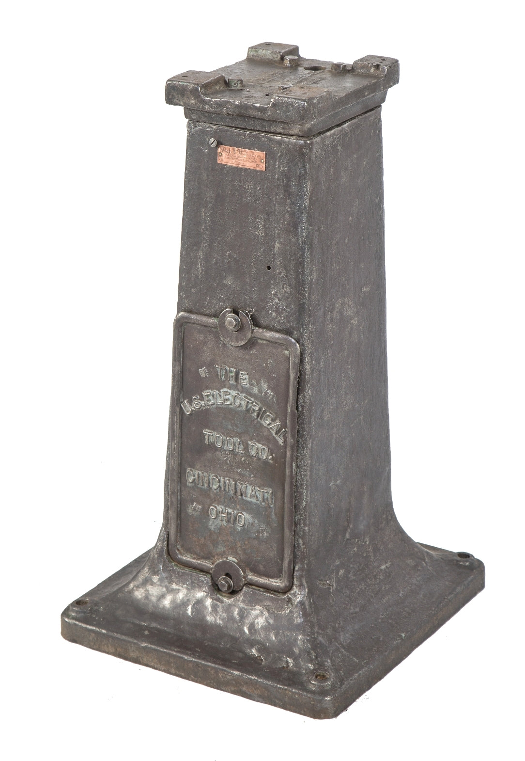 repurposed early 20th century antique american industrial refinished brushed metal cast iron machine base with newly added solid oak wood tabletop