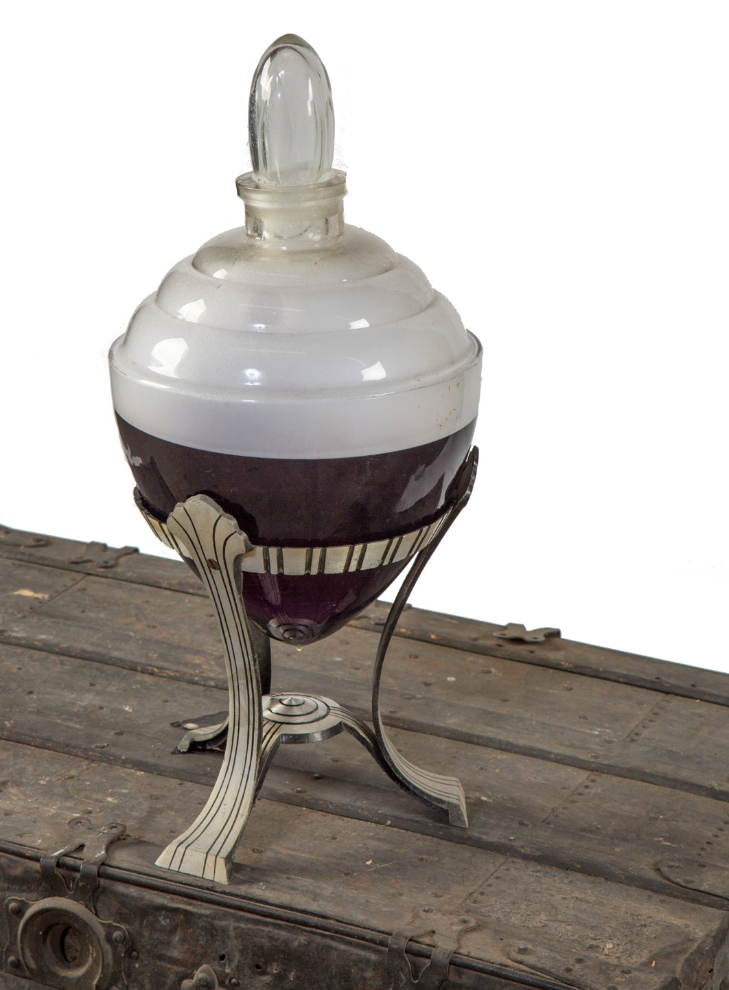 largely intact c. 1930's antique american art deco drugstore storefront window show globe with original cast aluminum stand