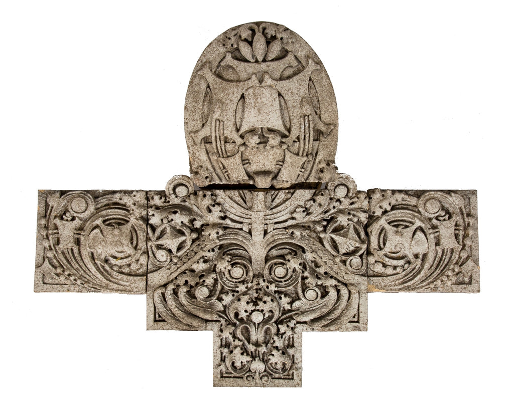 museum-quality original oversized salvaged chicago exterior glazed white terra cotta sullivanesque building facade cartouche with richly ornamented geometric shapes and floral motifs