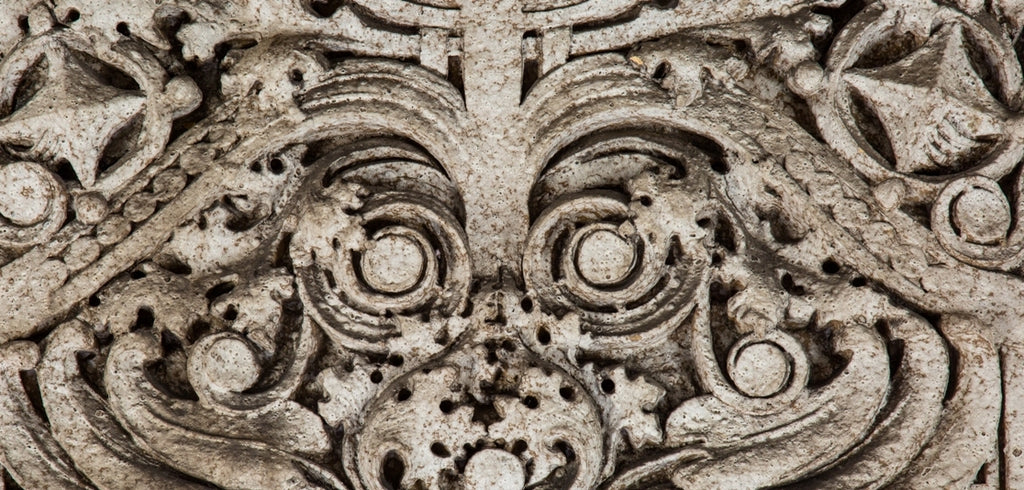 museum-quality original oversized salvaged chicago exterior glazed white terra cotta sullivanesque building facade cartouche with richly ornamented geometric shapes and floral motifs