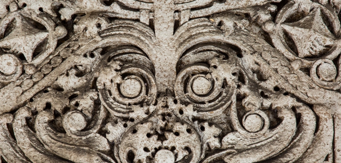 museum-quality original oversized salvaged chicago exterior glazed white terra cotta sullivanesque building facade cartouche with richly ornamented geometric shapes and floral motifs