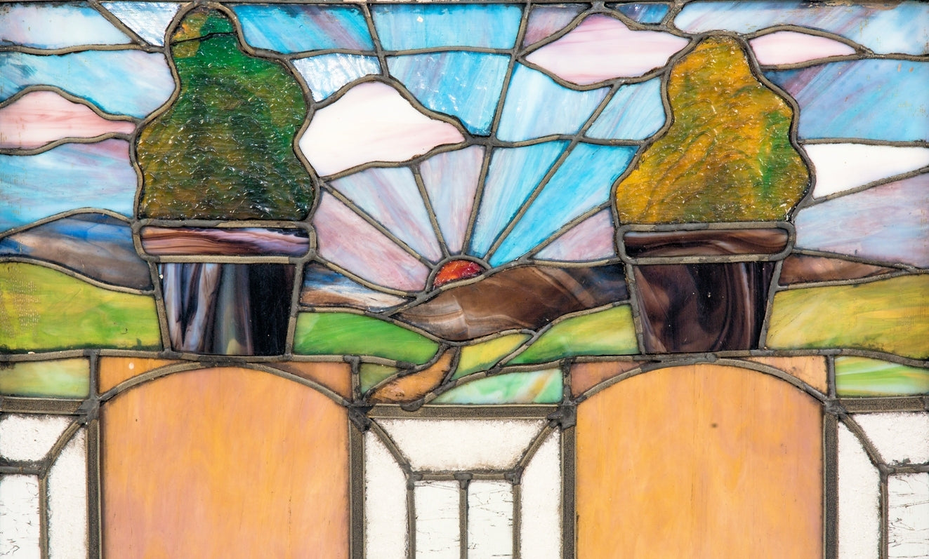 all original early 20th century interior residential salvaged chicago craftsman style richly colored stained glass pastoral or scenic windows with intact wood sash frame