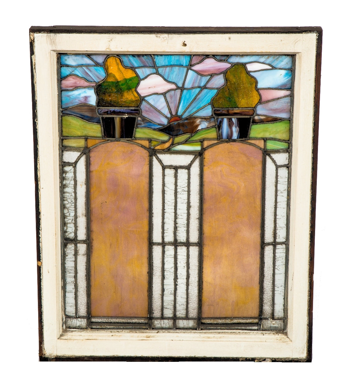 all original early 20th century interior residential salvaged chicago craftsman style richly colored stained glass pastoral or scenic windows with intact wood sash frame