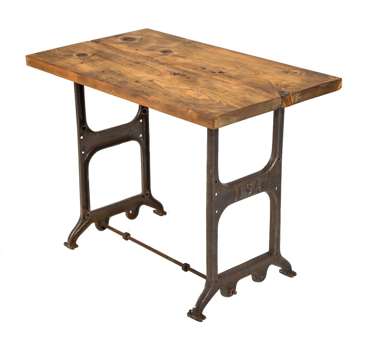repurposed antique american industrial stationary desk or table with brushed metal cast iron legs and newly added refinished pine wood tabletop