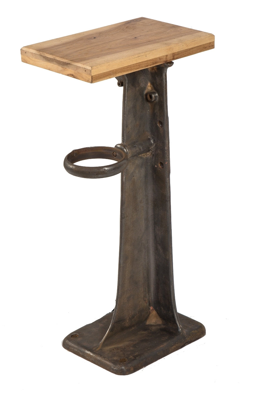 repurposed antique american industrial salvaged chicago factory machine shop cast iron pedestal base with unique projecting ring and newly added diminutive hardwood table top