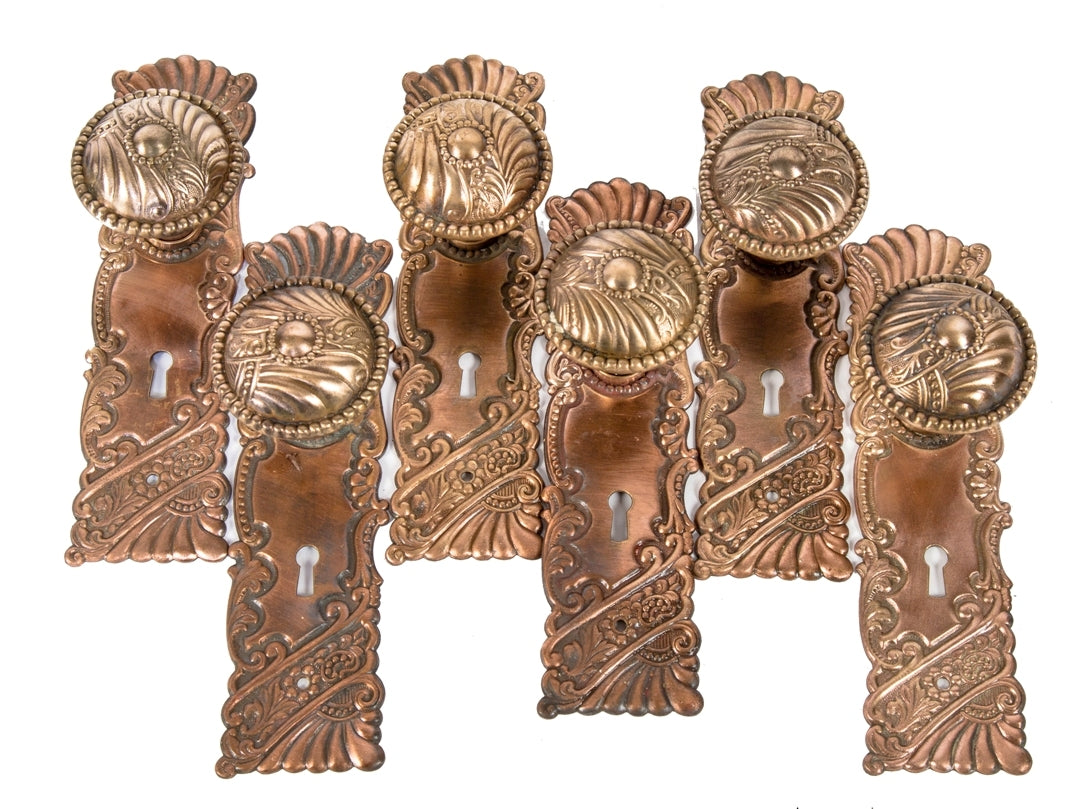 one of several lots of original late 19th or early 20th century ornamental wrought brass "roanoke" pattern interior residential salvaged chicago door hardware