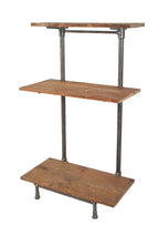 repurposed antique american industrial freestanding early 20th century adjustable shelving unit with detachable cast iron brackets and newly added old growth pine wood shelves