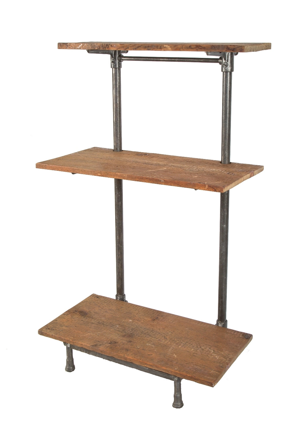 repurposed antique american industrial freestanding early 20th century adjustable shelving unit with detachable cast iron brackets and newly added old growth pine wood shelves