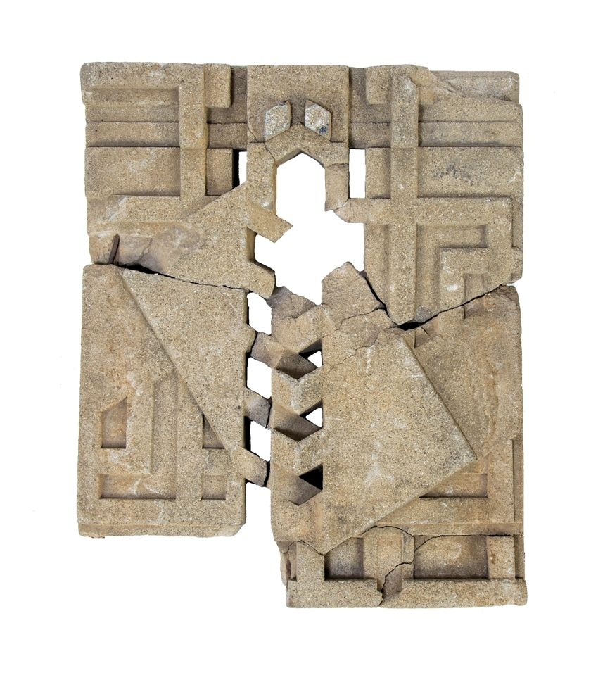 one-of-a-kind hand-crafted wood with painted finish panel modeled after midway gardens concrete block