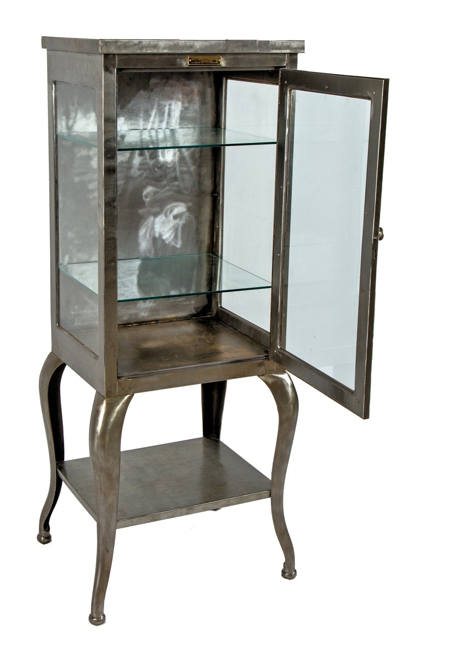 thoroughly refinished early 20th century antique american medical hospital operating room supply cabinet with glass sidelights and undershelf