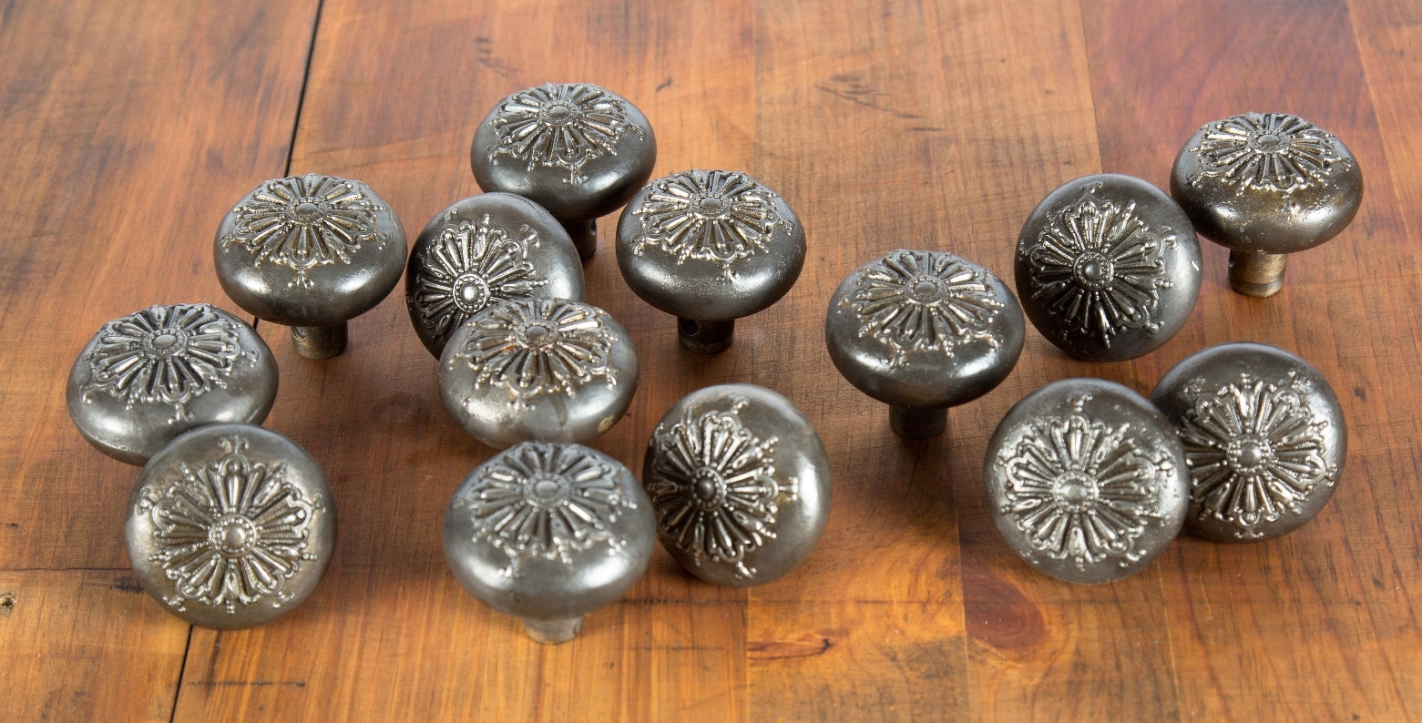 large lot of original late 19th or early 20th century antique american "ontario" pattern interior residential ornamental cast iron passage door handles salvaged from a chicago graystone