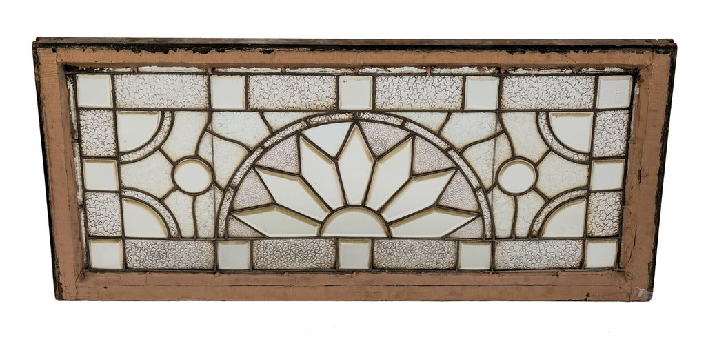 original 19th century salvaged chicago interior residential victorian era leaded and beveled glass transom window with original wood sash frame