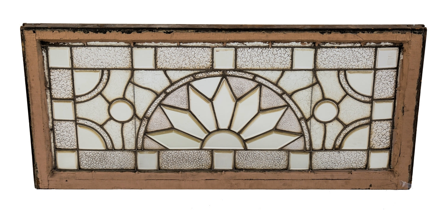 original 19th century salvaged chicago interior residential victorian era leaded and beveled glass transom window with original wood sash frame