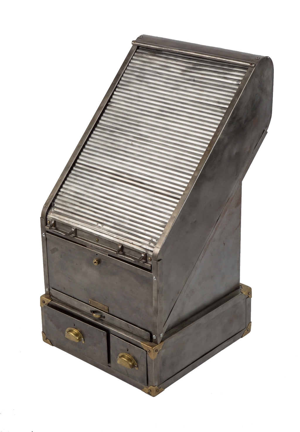 rare early 20th century completely refurnished antique american industrial bare metal "keith credit system" stationary cabinet with sliding roll-top  and multiple drawers with brass handles