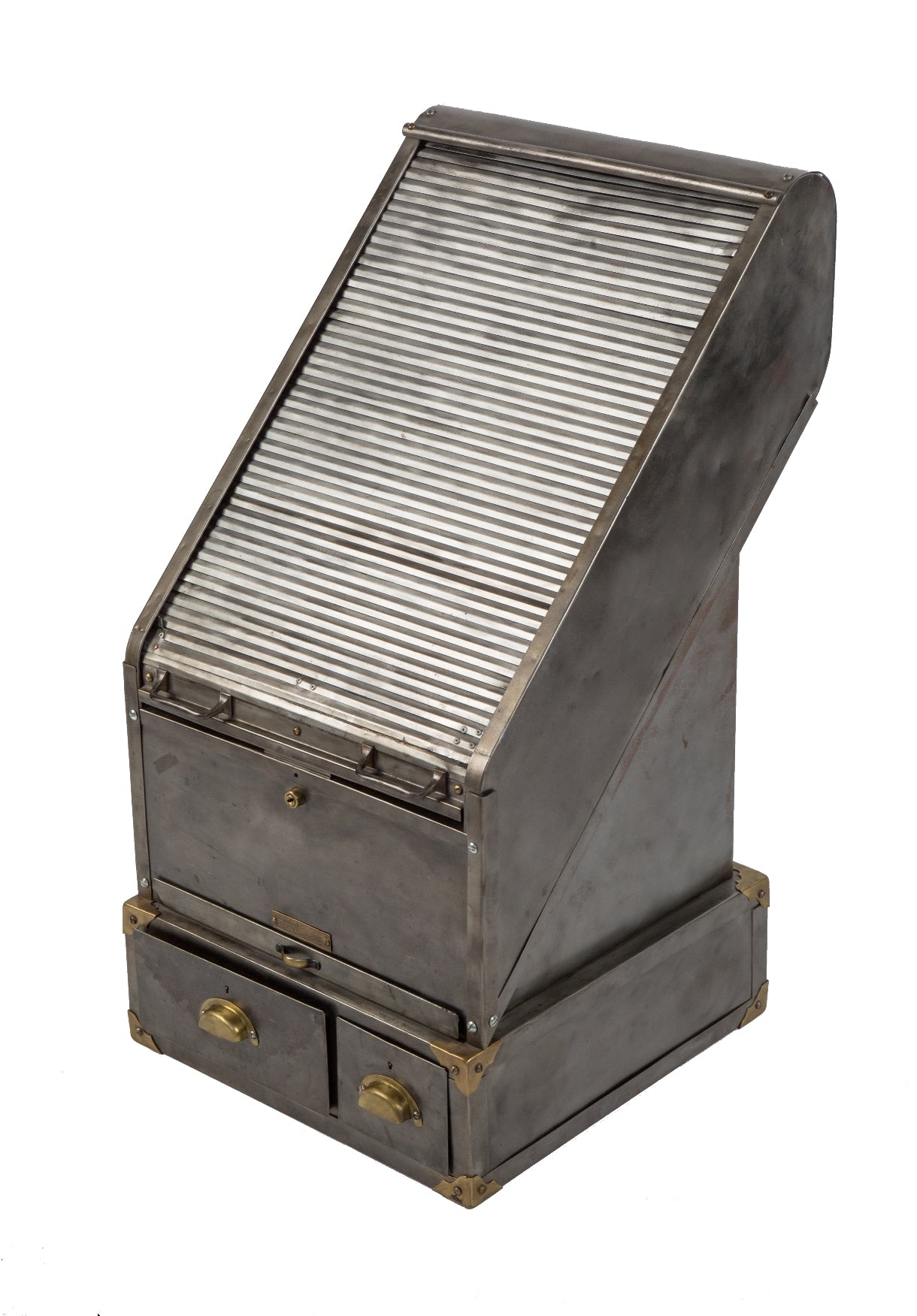 rare early 20th century completely refurnished antique american industrial bare metal "keith credit system" stationary cabinet with sliding roll-top  and multiple drawers with brass handles