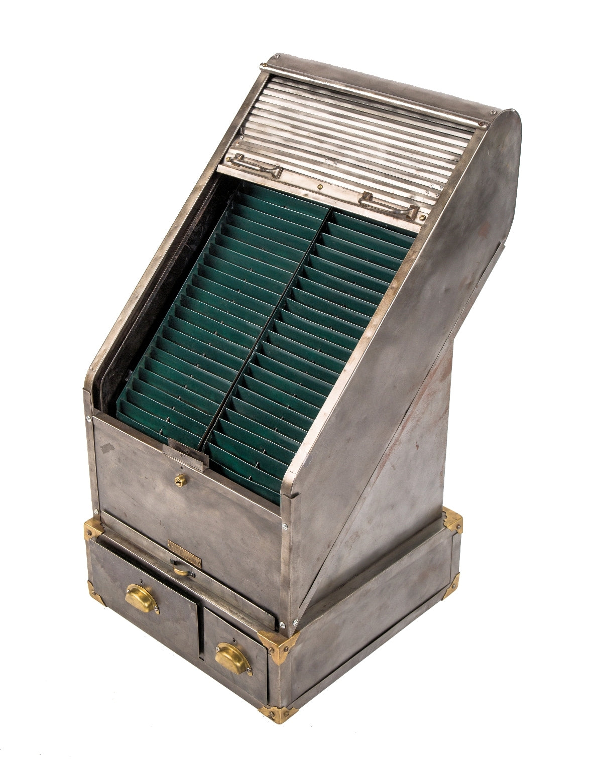 rare early 20th century completely refurnished antique american industrial bare metal "keith credit system" stationary cabinet with sliding roll-top  and multiple drawers with brass handles