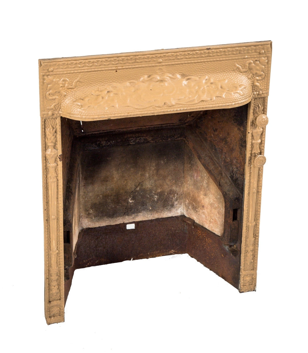 original and largely intact 19th century ornamental cast iron interior residential wood and/or coal-burning fireplace grate or surround with brick insulation